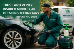 Car Detailing & Valeting Tips West London 4 A male mobile car valeting technician in green overalls cleans a black car using a steam cleaner. A white van with ECO VERDE branding is in the background. Text reads: “Trust and verify insured mobile car valeting technicians before you book.”.
